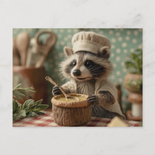 Charming and Cute Raccoon Chef Stirring a Bowl Holiday Postcard
