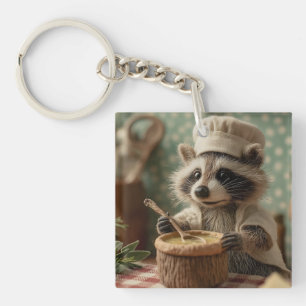 Charming and Cute Raccoon Chef Stirring a Bowl Keychain
