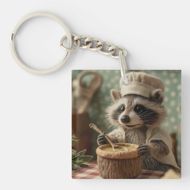 Charming and Cute Raccoon Chef Stirring a Bowl Keychain (Front)