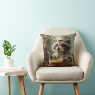 Charming and Cute Raccoon Chef Stirring a Bowl Throw Pillow