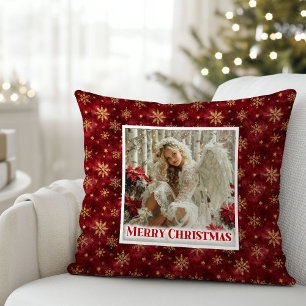 Charming Angel Poinsettia Red Gold Festive Christm Throw Pillow