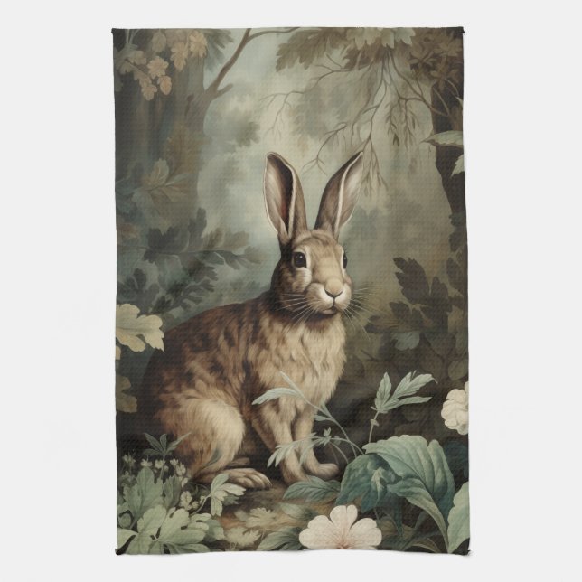 Charming Antique Hare in Lush Forest  Kitchen Towel (Vertical)