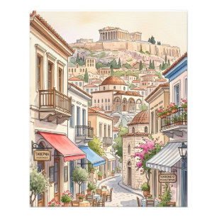 Charming Athens Greece Street Watercolor Photo Print