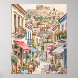 Charming Athens Greece Street Watercolor Poster