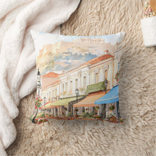 Charming Athens Greece Street Watercolor Throw Pillow