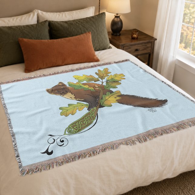 Charming Autumn Leaves Pine Marten Celtic Blue Throw Blanket (Creator Uploaded)