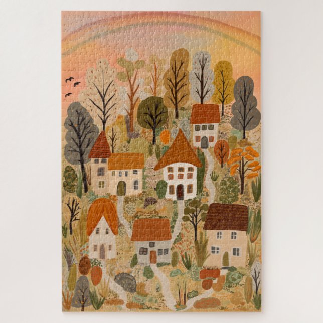 Charming Autumn Village Fall Watercolor Art Jigsaw Puzzle (Vertical)