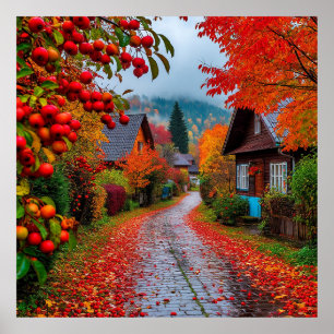 Charming Autumn Village Path Poster