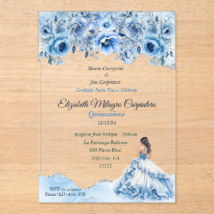 Charming Baby Blue and Silver Quinceañera Floral Acrylic Invitations