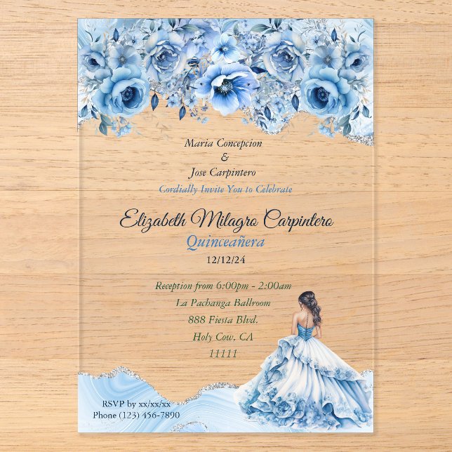 Charming Baby Blue and Silver Quinceañera Floral Acrylic Invitations (Front)