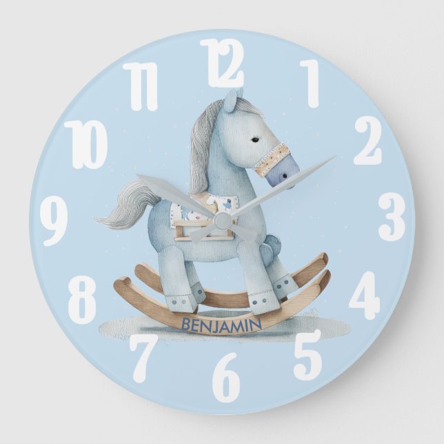 Charming Baby Boy Blue Rocking Horse Name Large Clock (Front)