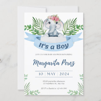 Charming Baby Boy Elephant Illustration Invitation