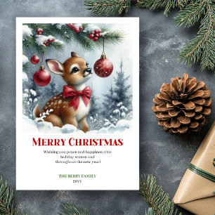 Charming Baby Deer Snowy Forest Watercolor Xmas Holiday Card
