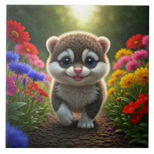 Charming Baby Ferret in Floral Meadow Ceramic Tile