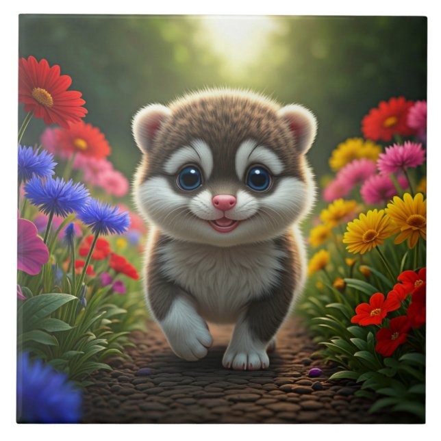 Charming Baby Ferret in Floral Meadow Ceramic Tile (Front)