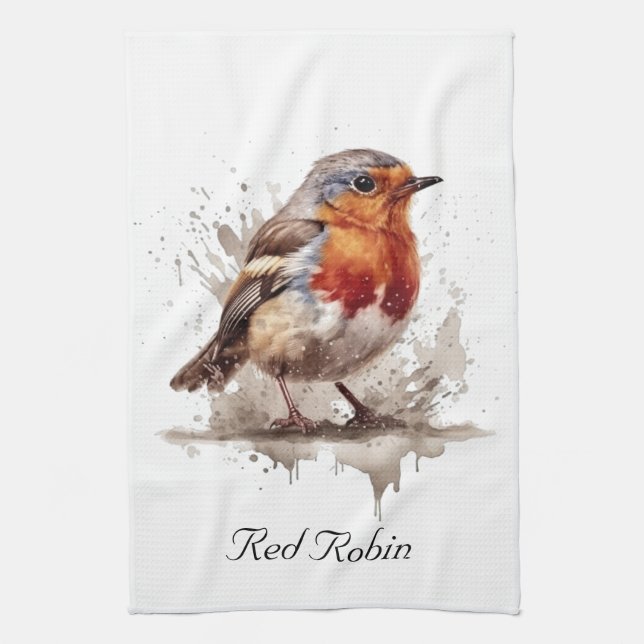 Charming Backyard Robin, custom Kitchen Towel (Vertical)