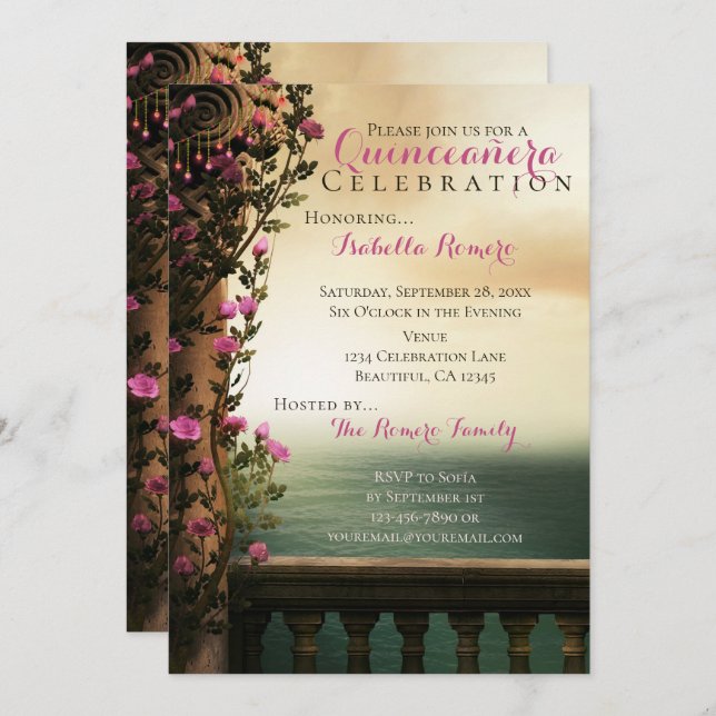 Charming Balcony with Pink Roses Beach Quinceañera Invitation (Front/Back)