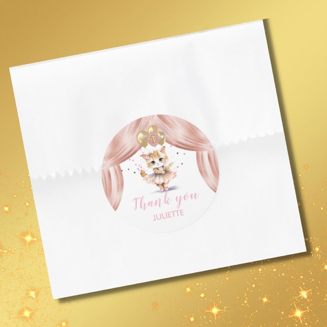 Charming Ballerina Cat First Birthday Girl Name Classic Round Sticker (Creator Uploaded)