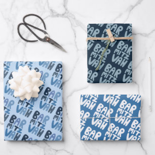Charming Bar Mitzvah Handlettering Jewish Blue Fun Wrapping Paper Sheet