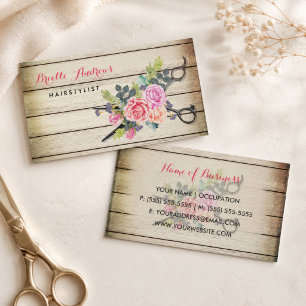 Charming Barn Wood Scissors and Roses Hairstylist Business Card