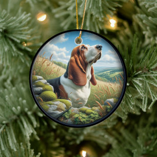 Charming Basset Hound Scene Ceramic Ornament