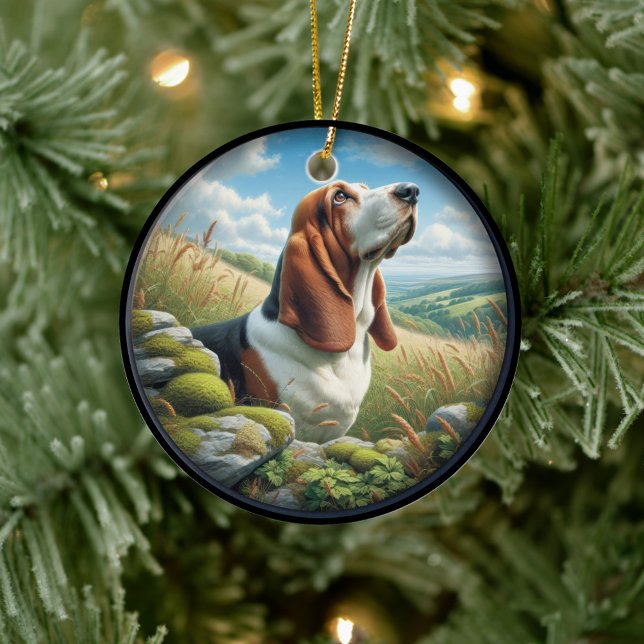 Charming Basset Hound Scene Ceramic Ornament (Creator Uploaded)