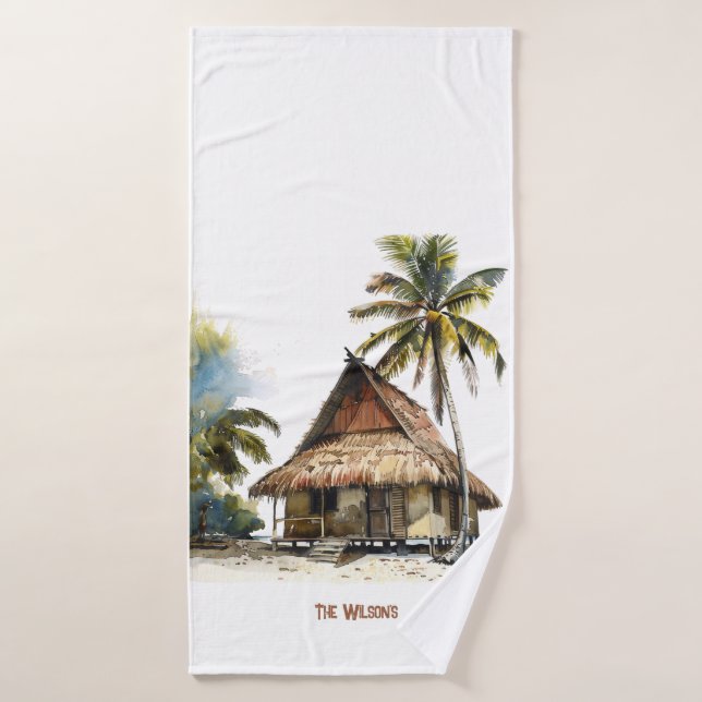 Charming Beach House Scene Watercolor Design Bath Towel Set (Bath Towel)
