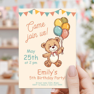 Charming Bear Balloons Pastel Party Invitation