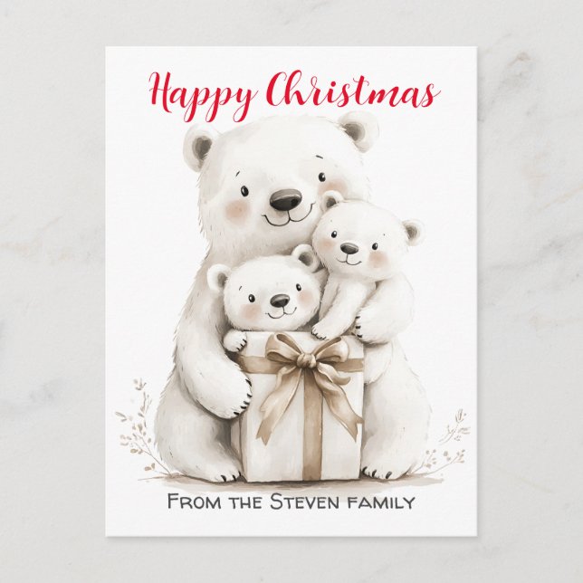 Charming Bear Family Christmas Watercolor  Postcard (Front)