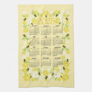 Charming Bees Flowers 2025 Calendar Design Kitchen Towel