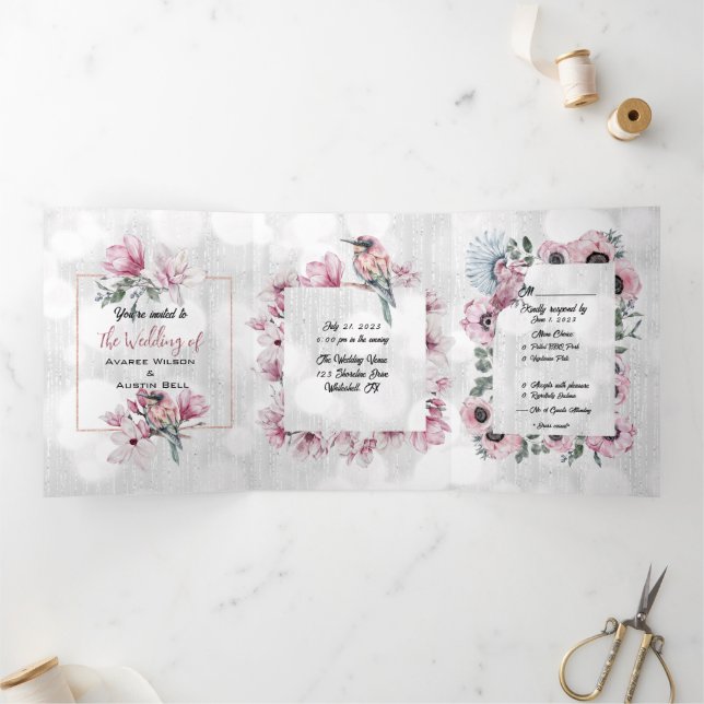 Charming Birds and Magnolia Blossoms  Tri-Fold Invitation (Inside)