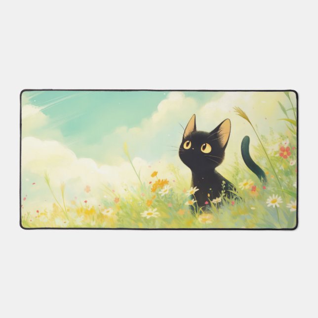 Charming Black Cat Golden Eye Sunny Wildflower Desk Mat (Front)