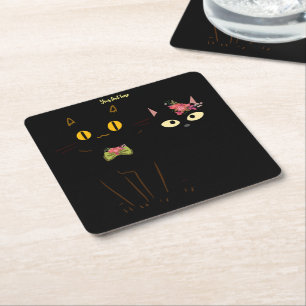 Charming Black Cats Yellow Eyes Square Paper Coaster