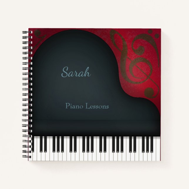 Charming Black Grand Piano Blue Personalized Title Notebook (Front)