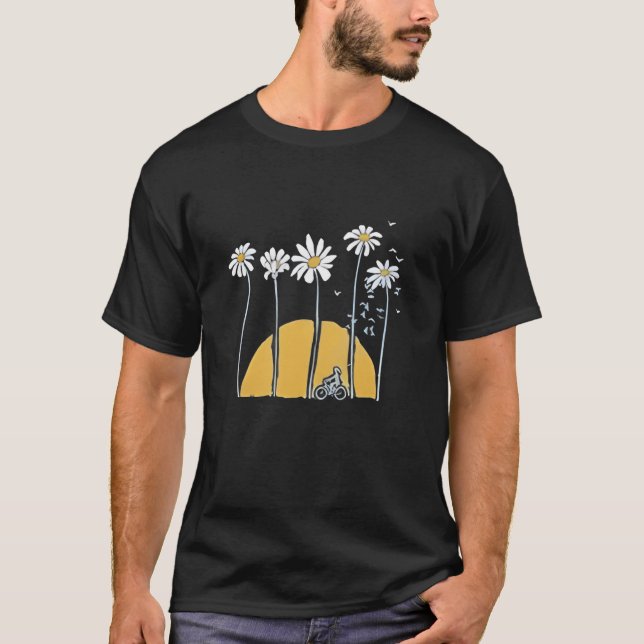 Charming Black T-Shirt with Bicycle and Daisy Desi (Front)