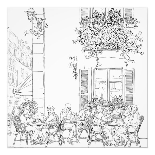 Charming Black White Paris Café Sketch Photo Print (Front)