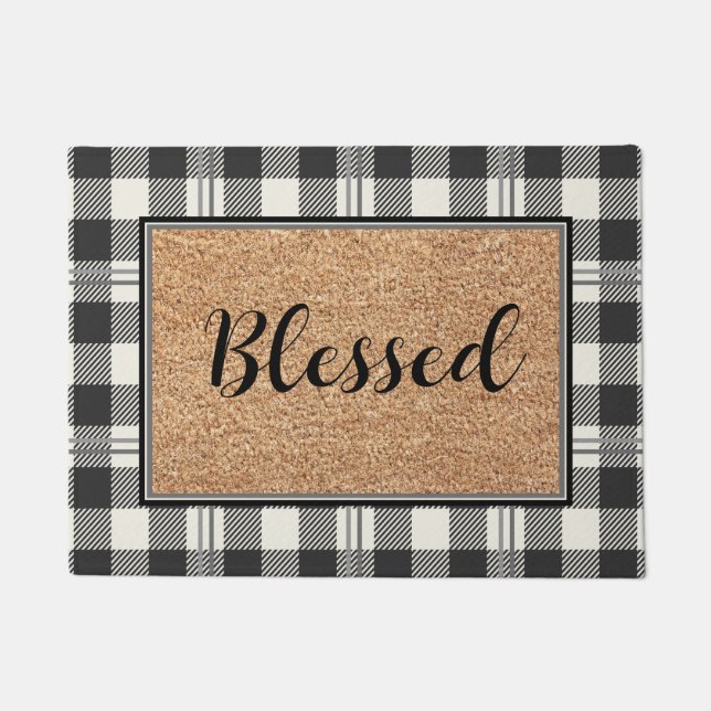 Charming Blessed Faux Coir Buffalo Plaid Design Doormat (Front)