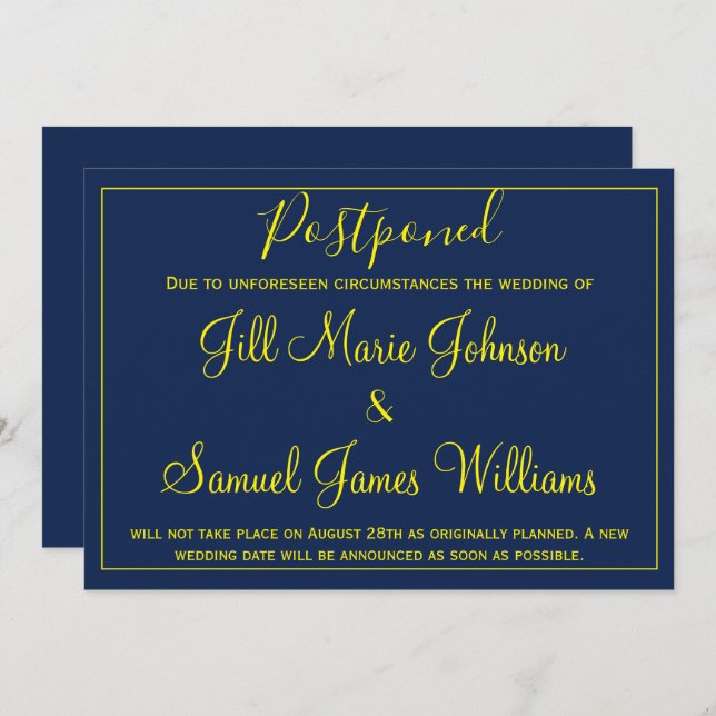 Charming blue and yellow wedding change of plans invitation (Front/Back)