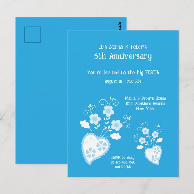 Charming blue blossom heart birthday invitation postcard (Front/Back)