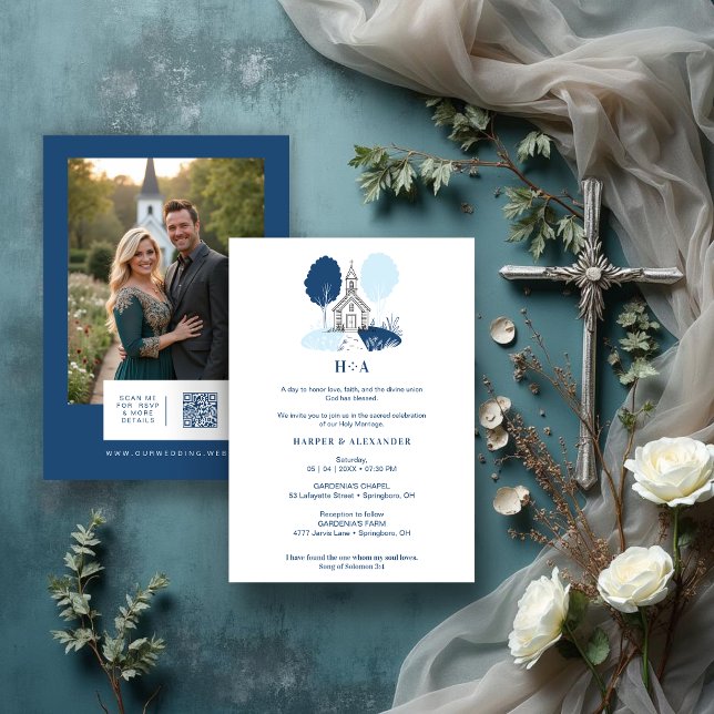 Charming Blue Church Christian Wedding Invitation (Charming Blue Shades Church Illustration Christian Wedding Invitation Cards with Back Photo and QR.)