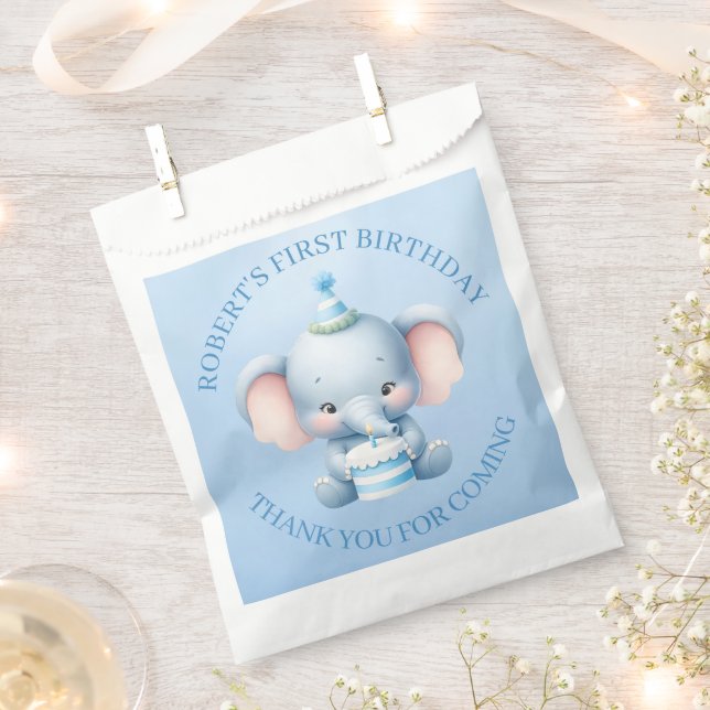 Charming Blue Elephant Birthday Thank You Favour Bag (Clipped)