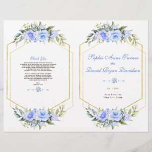 Charming Blue Floral Gold Frame Wedding Program