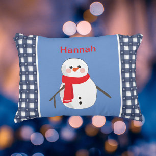 Charming Blue Plaid Snowman with Name Accent Pillow