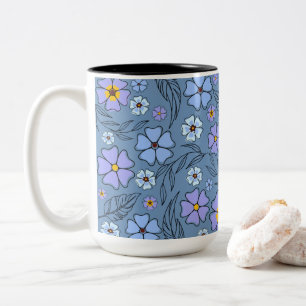 Charming Blue & Purple Floral With Outline Two-Tone Coffee Mug