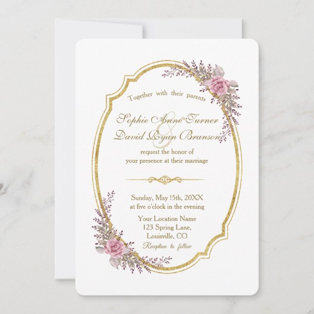 Charming Blush Floral Gold Frame Wedding Invite (Front)