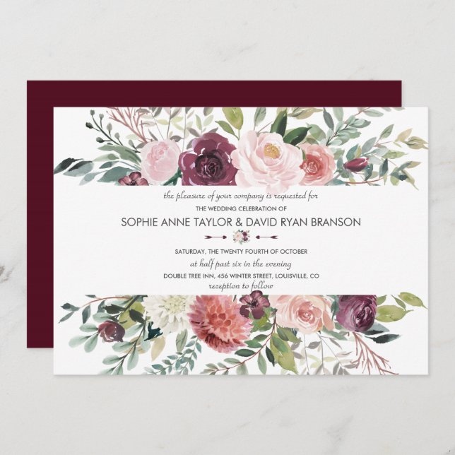 Charming Blush Flowers Frame Burgundy Wedding Invitation (Front/Back)