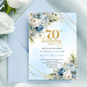 Charming boho blue florals gold frame 70th birthda invitation