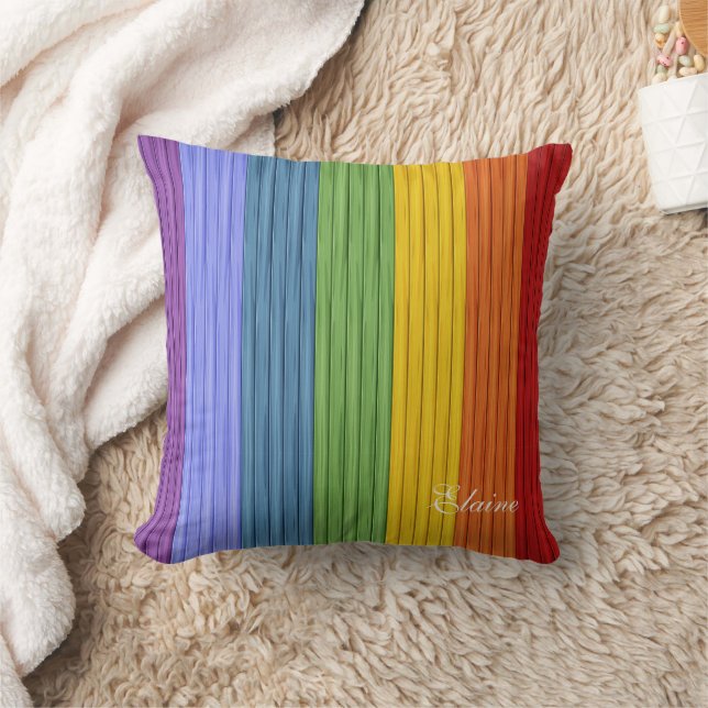 Charming Boho Rainbow Stripes Custom Monogram Throw Pillow (Blanket)