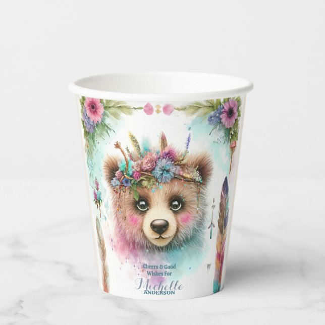Charming Boho Woodland Bear Watercolor Birthday Paper Cups (Front)