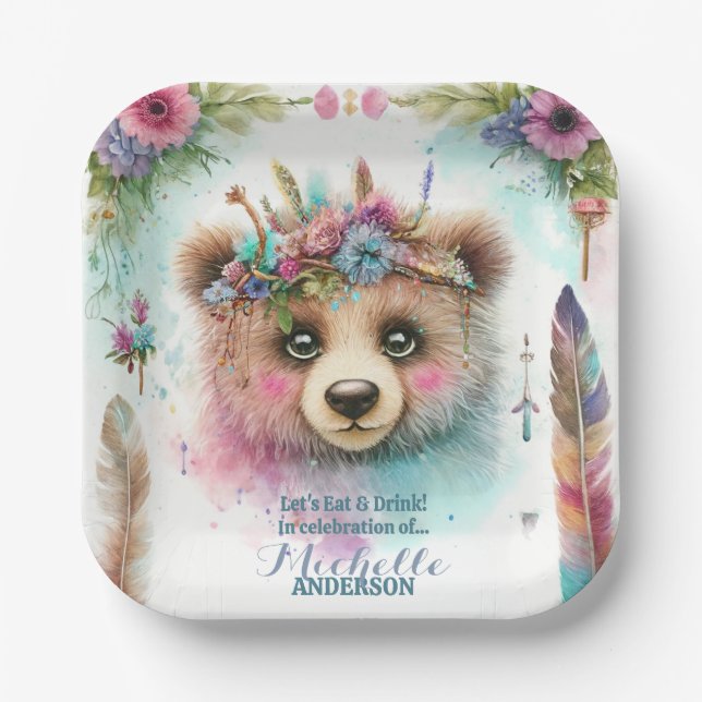 Charming Boho Woodland Bear Watercolor Birthday Paper Plate (Front)